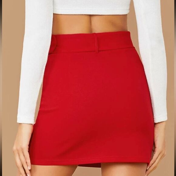 SHEIN Buckle Belted Red Solid Mini Skirt - Size Small - Picture 3 of 7